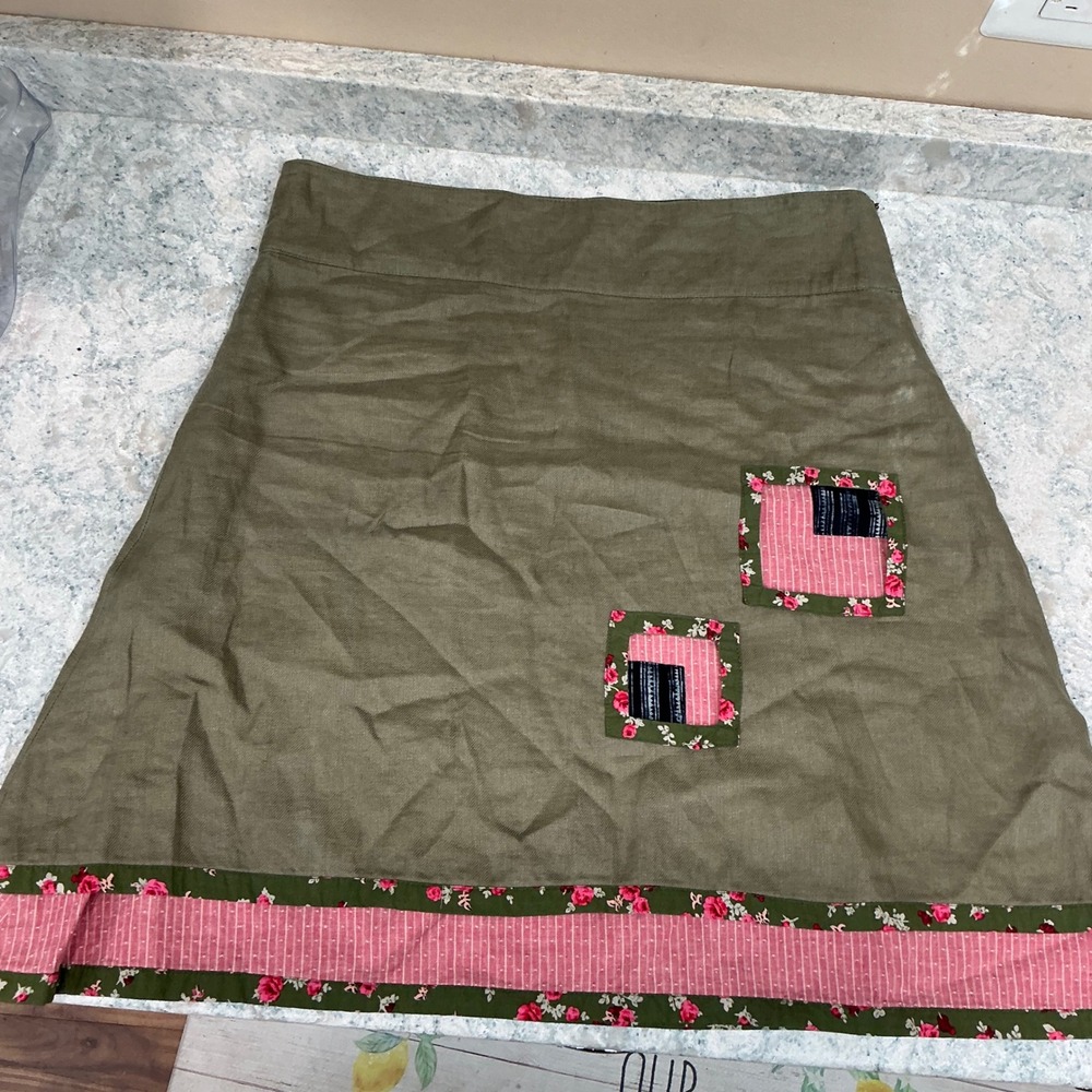 Future Traditions Skirt A-Line L Green Patchwork Floral Linen Blend Boho Artisan